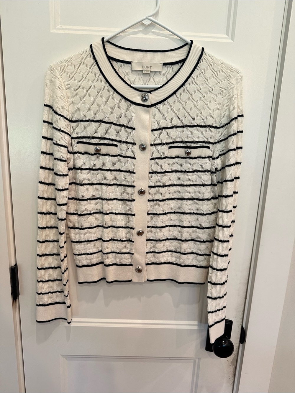 LOFT Cream and Black Striped Cardigan with Pearl Buttons